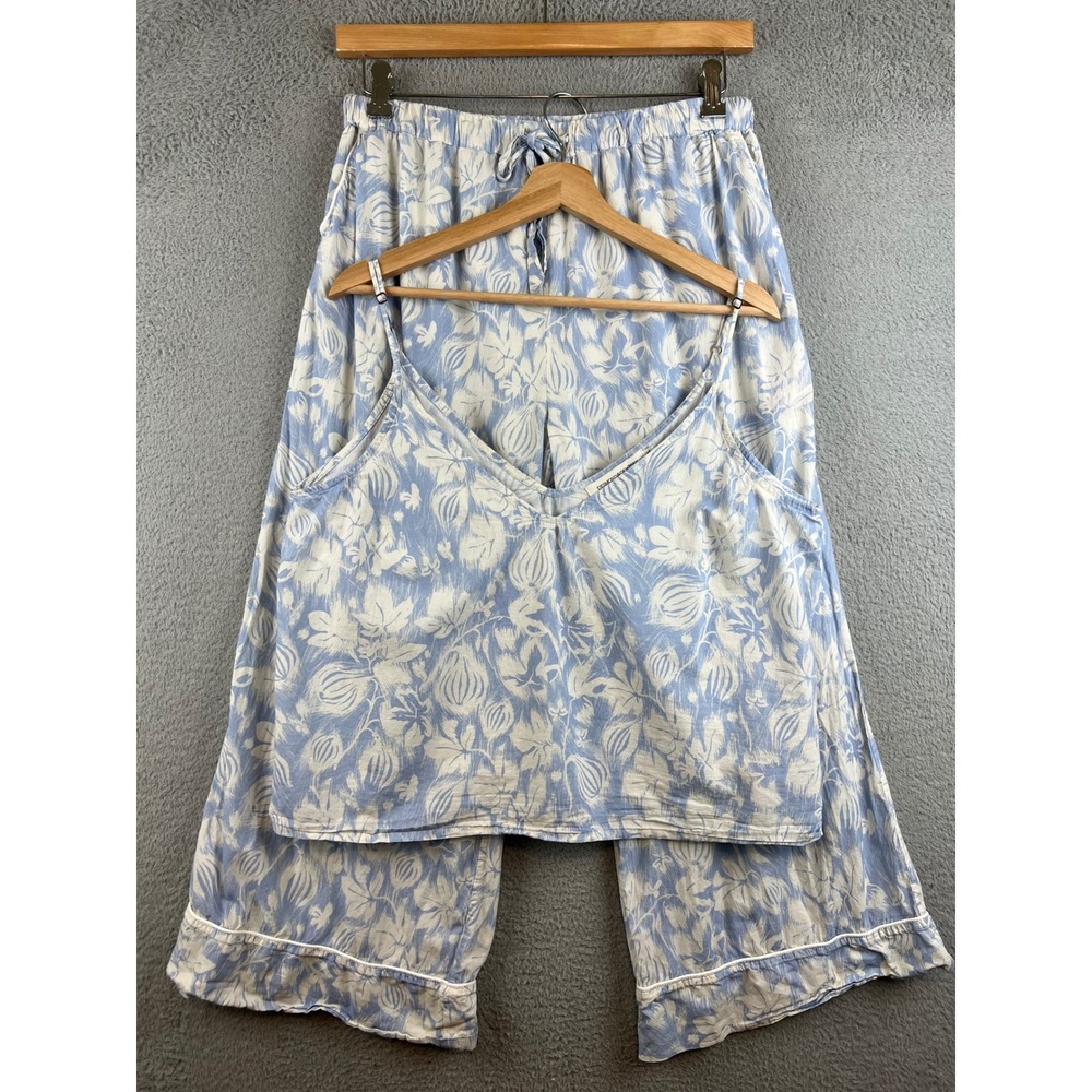 Desmond & Dempsey Blue White Botanical Pajama Set Cami Wide Leg Pants Womens XL